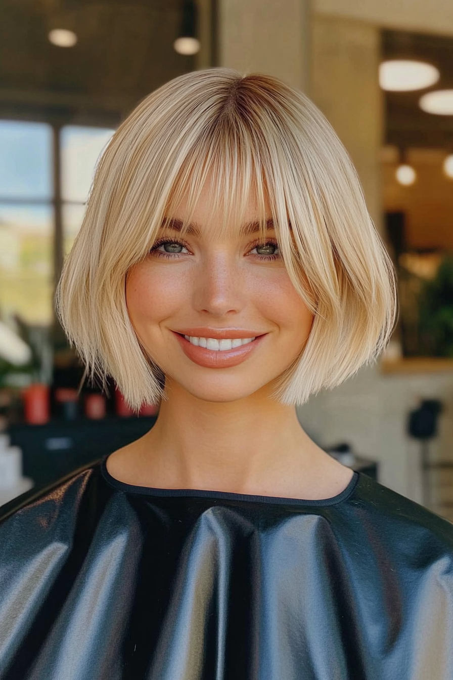 27. Short Retro Bob with Full Rounded Bangs in Deep Honey Blonde (Short Blonde Hairstyles With Bangs) - Short Blonde Hairstyles With Bangs