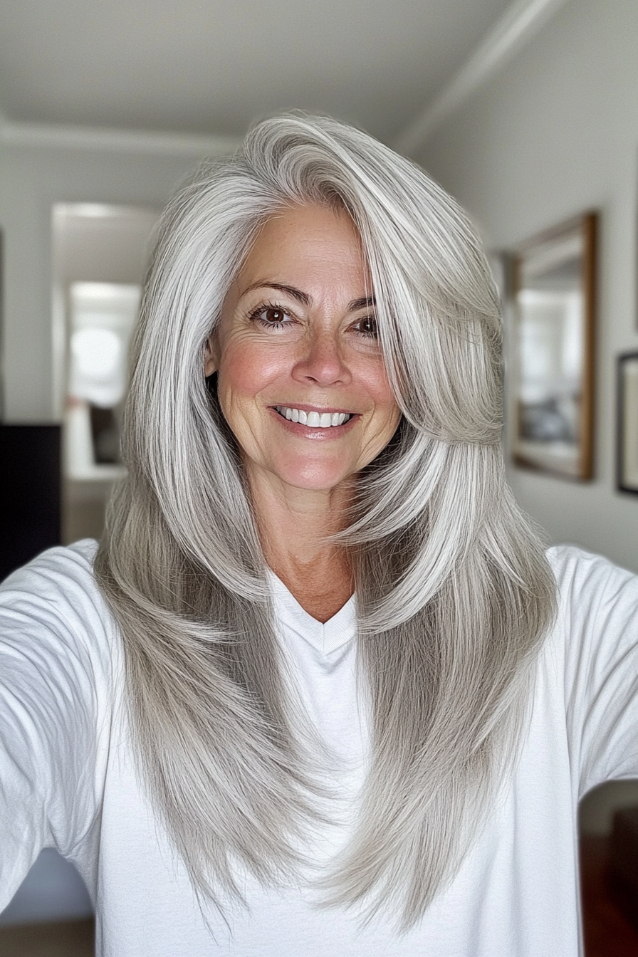 1. Feathered Layers with Silver Blonde Elegance (Long Hairstyles For Women Over 60) - Long Hairstyles For Women Over 60