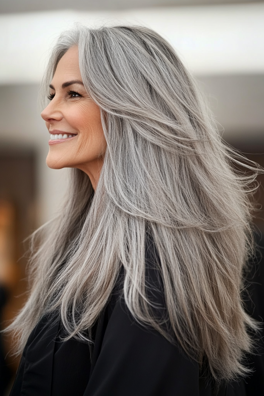 4. Layered Cascade in Natural Gray (Long Hairstyles For Women Over 60) - Long Hairstyles For Women Over 60