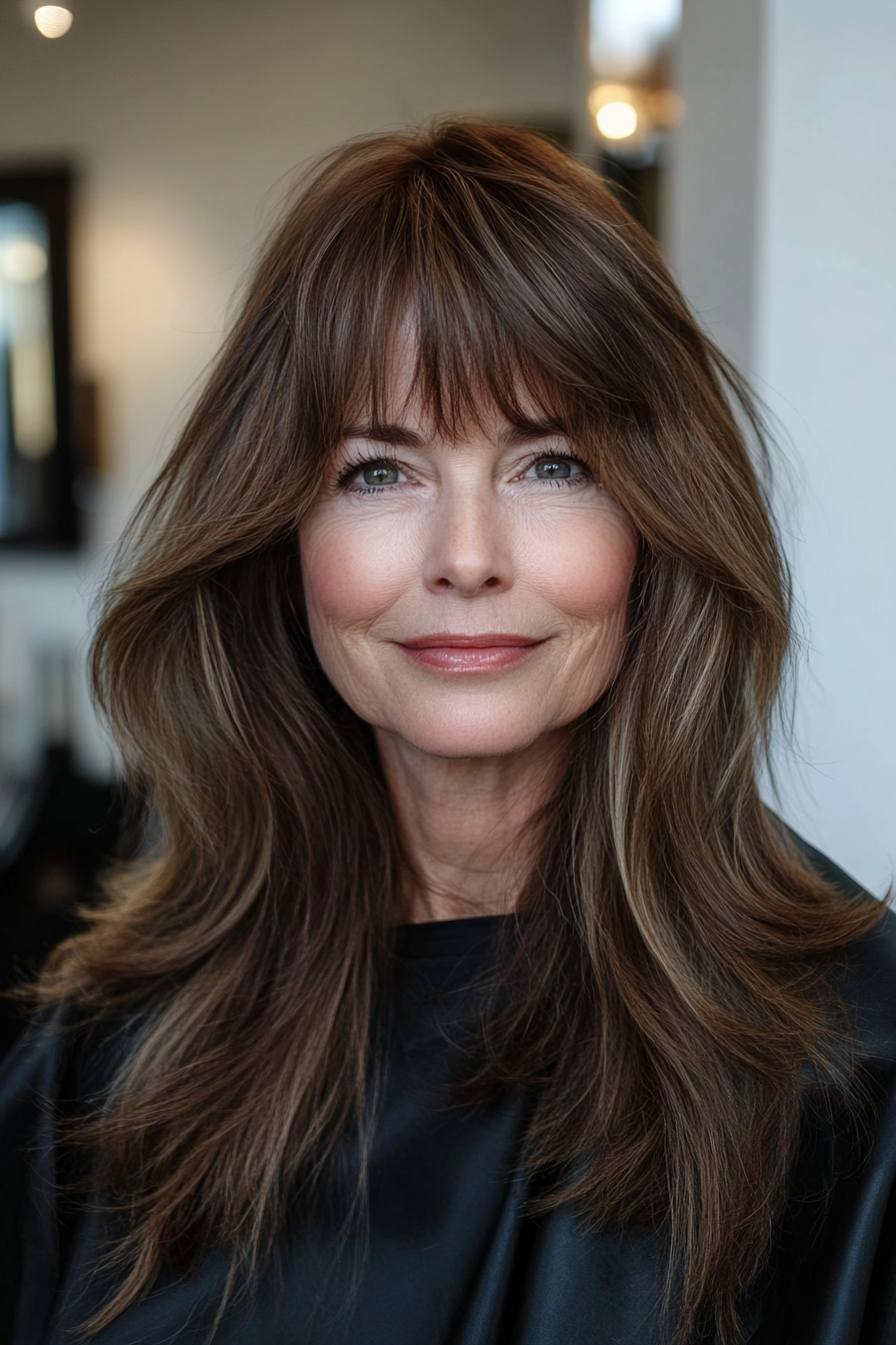 5. Wispy Bangs with Chestnut Brown (Long Hairstyles For Women Over 60) - Long Hairstyles For Women Over 60