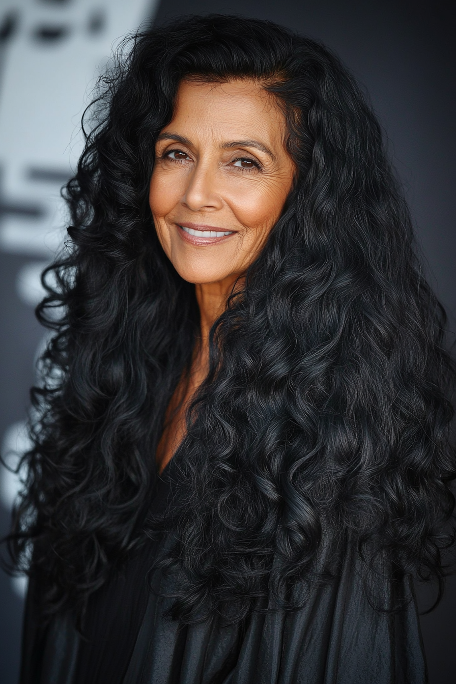 6. Voluminous Curls in Soft Black (Long Hairstyles For Women Over 60) - Long Hairstyles For Women Over 60