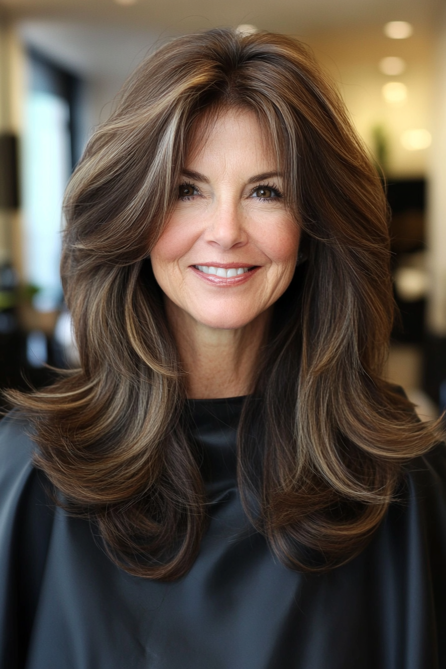 7. Long Shag with Dimensional Brunette (Long Hairstyles For Women Over 60) - Long Hairstyles For Women Over 60