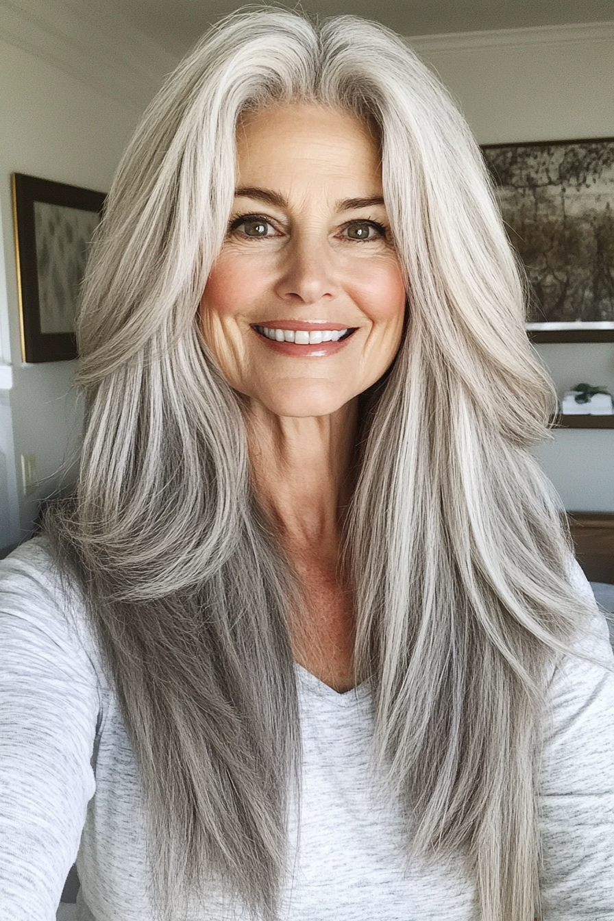 8. Face-Framing Layers in Salt and Pepper (Long Hairstyles For Women Over 60) - Long Hairstyles For Women Over 60