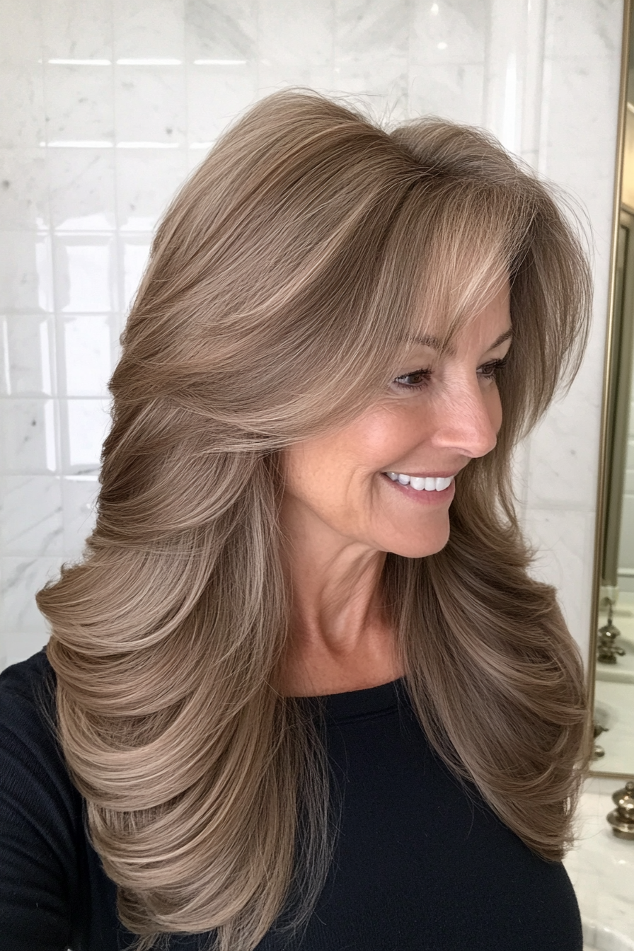 11. Side-Swept Layers in Cool Ash Brown (Long Hairstyles For Women Over 60) - Long Hairstyles For Women Over 60
