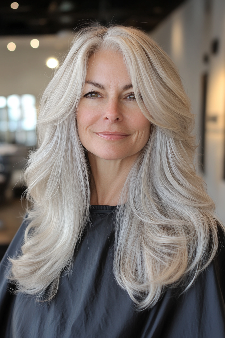 16. Long and Layered with Natural Silver Highlights (Long Hairstyles For Women Over 60) - Long Hairstyles For Women Over 60
