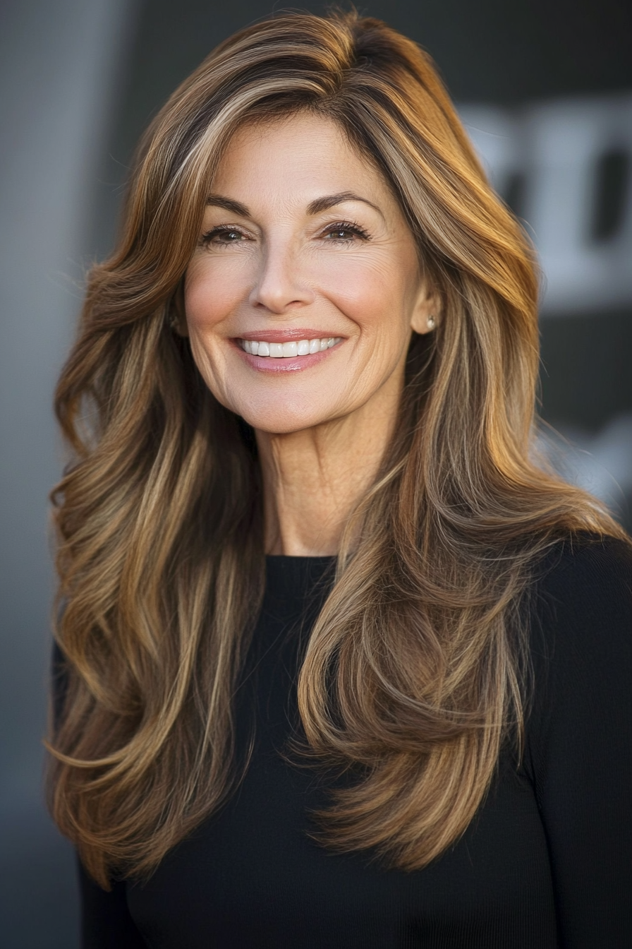 18. Elegant Side Part with Soft Caramel Tones (Long Hairstyles For Women Over 60) - Long Hairstyles For Women Over 60