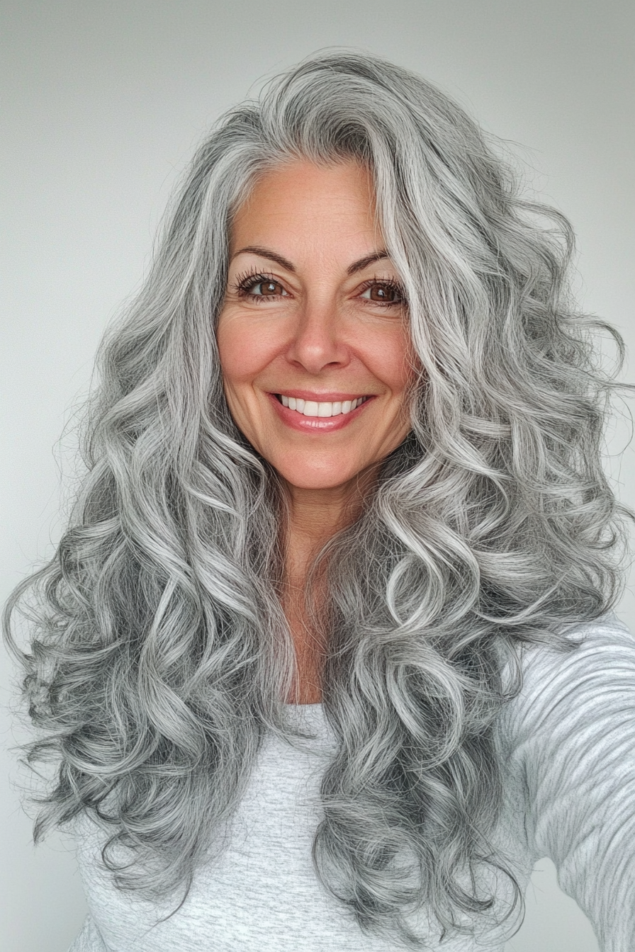 20. Long Curly Layers in Soft Gray (Long Hairstyles For Women Over 60) - Long Hairstyles For Women Over 60