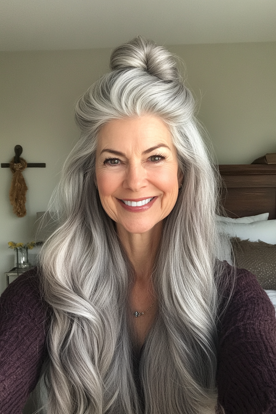 22. Half-Up, Half-Down with Silver Brunette Blend (Long Hairstyles For Women Over 60) - Long Hairstyles For Women Over 60