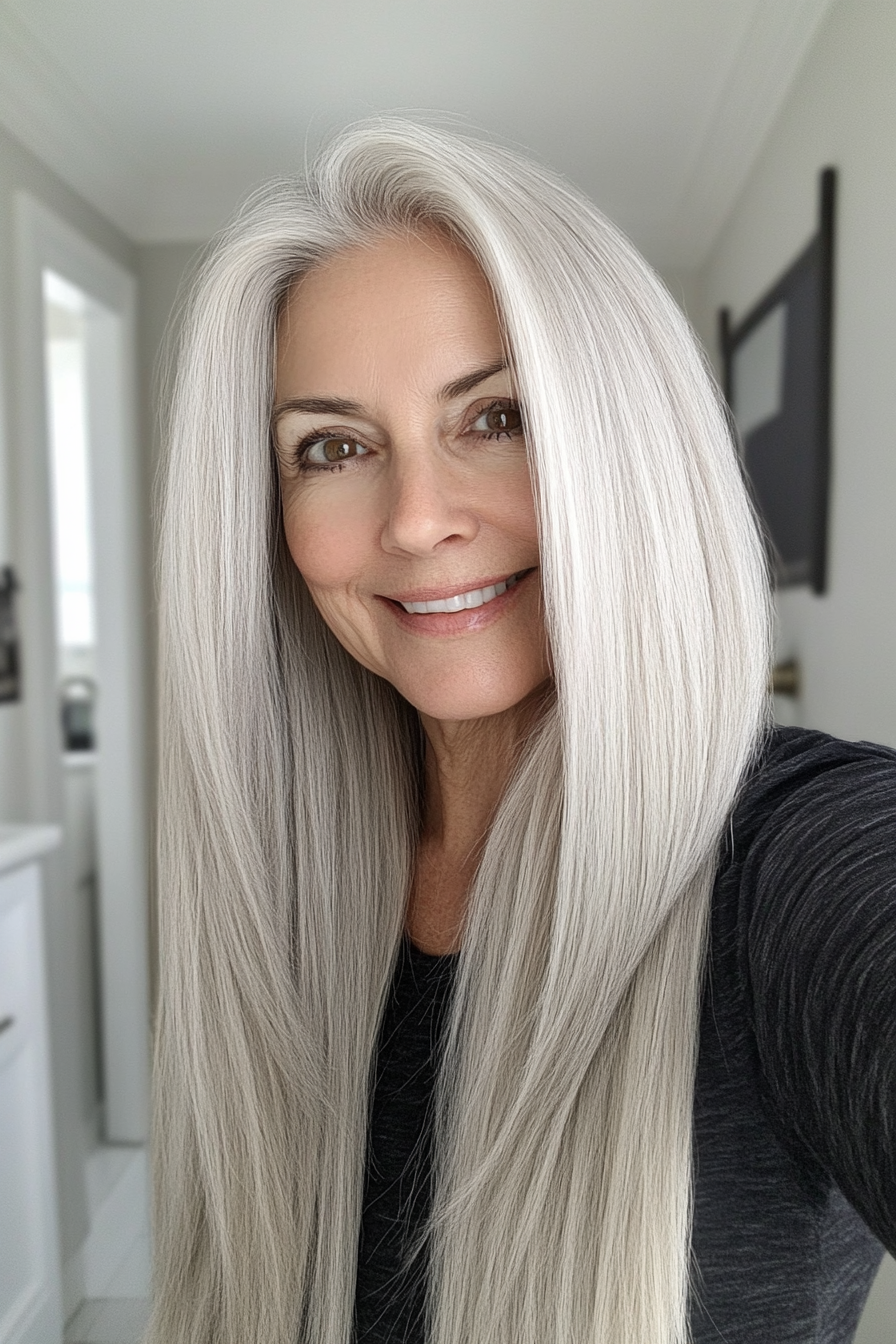 23. Straight with Tapered Ends in Cool Platinum Blonde (Long Hairstyles For Women Over 60) - Long Hairstyles For Women Over 60