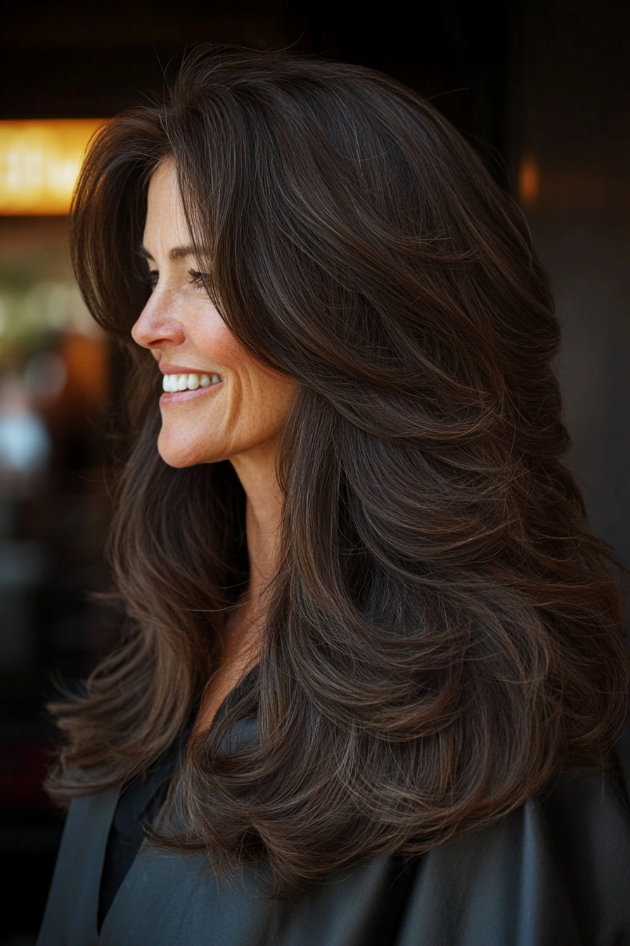 24. Boho Layers with Earthy Dark Brown (Long Hairstyles For Women Over 60) - Long Hairstyles For Women Over 60