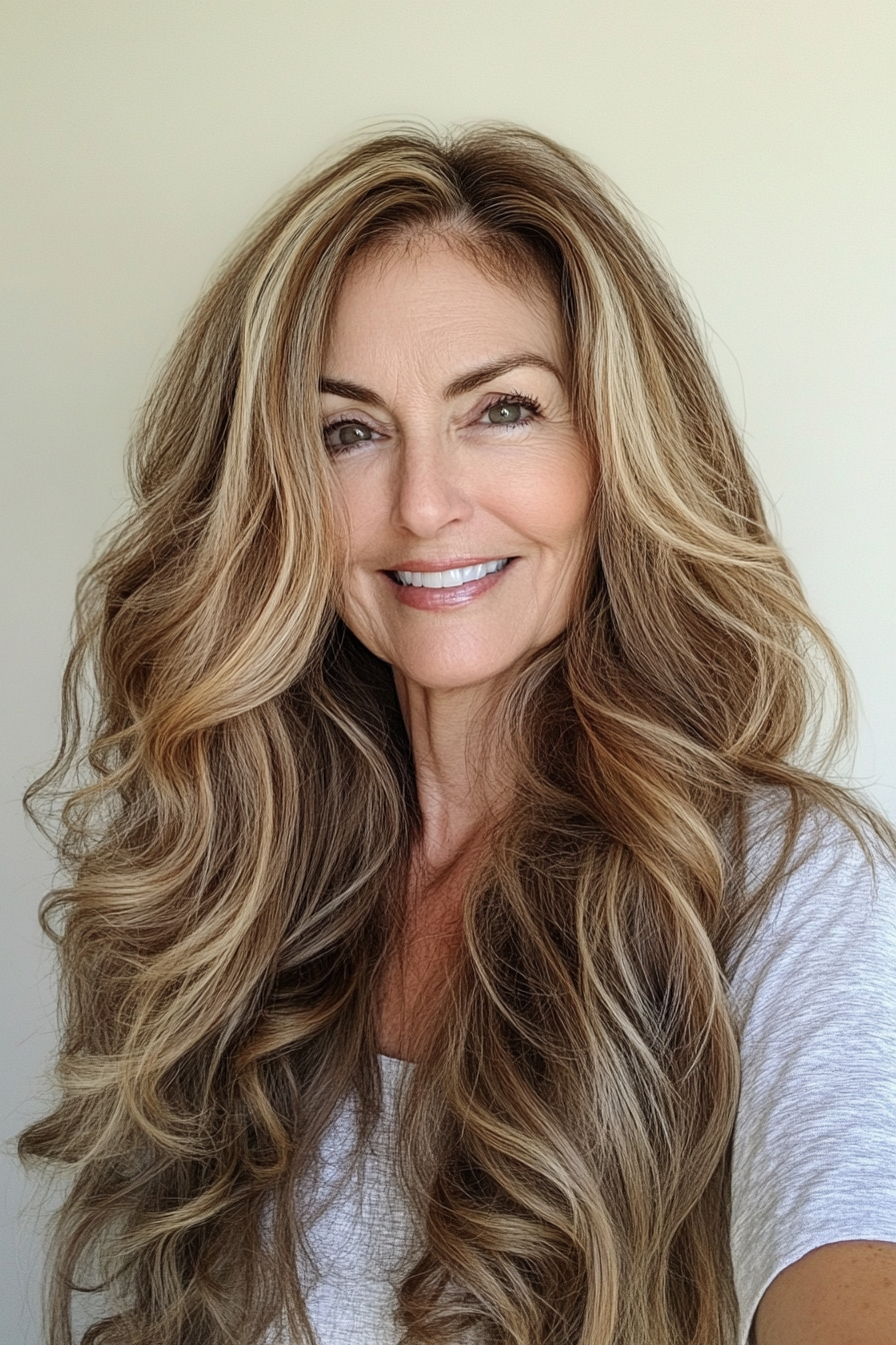 25. Cascading Curls in Subtle Golden Brown (Long Hairstyles For Women Over 60) - Long Hairstyles For Women Over 60