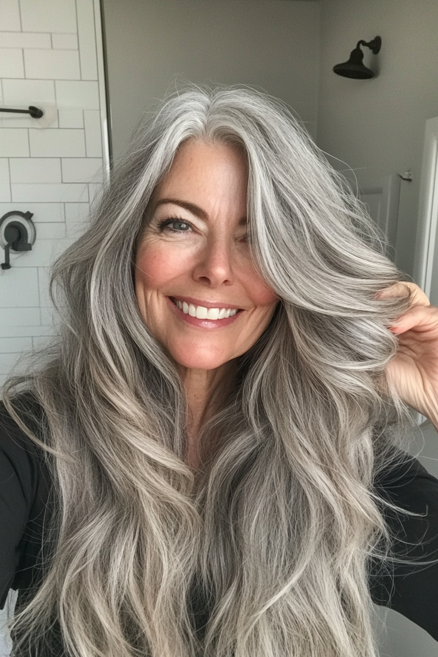 26. Messy Waves in Smoky Gray (Long Hairstyles For Women Over 60) - Long Hairstyles For Women Over 60