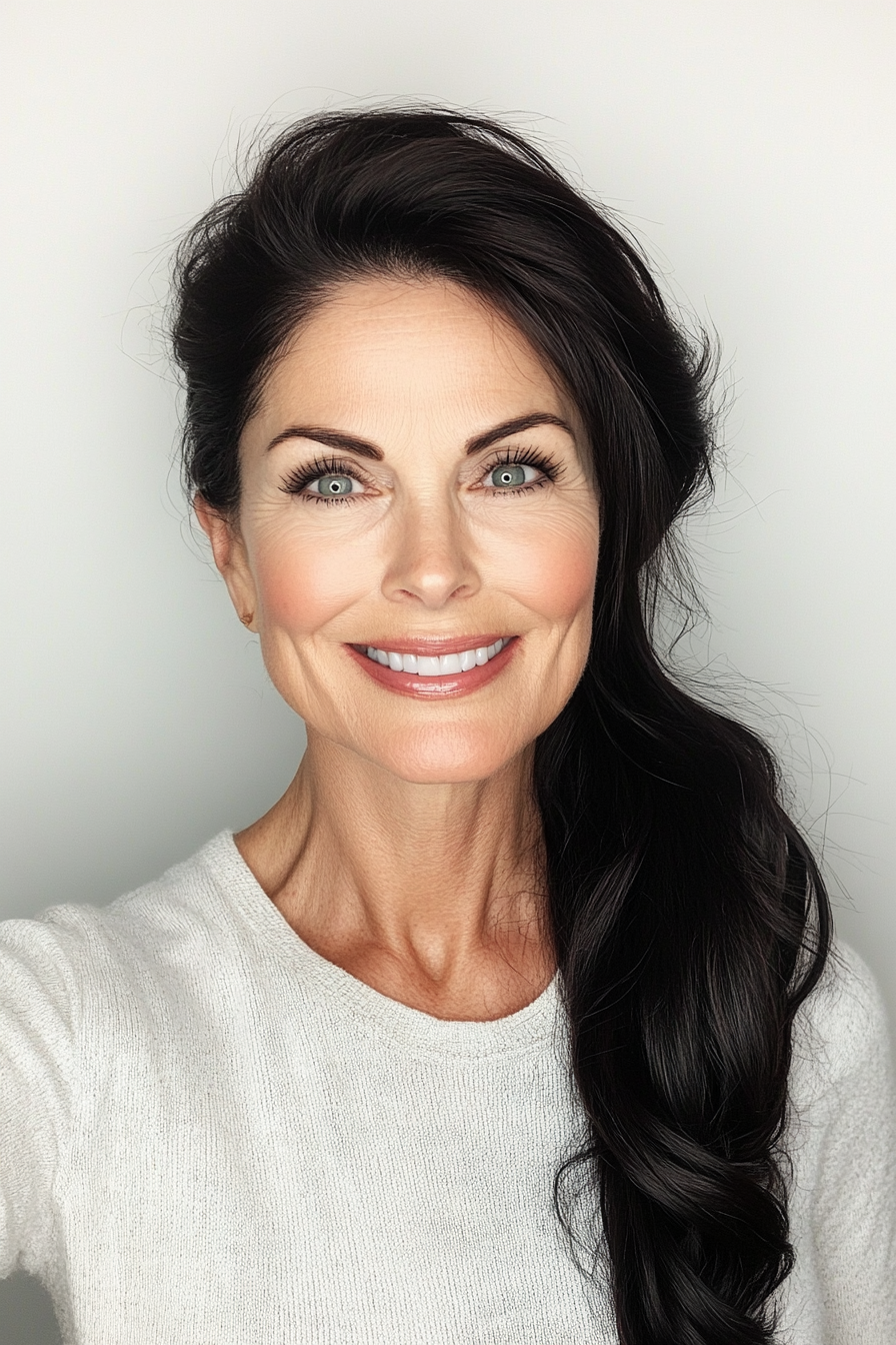 27. Classic Ponytail with Glossy Black Shine (Long Hairstyles For Women Over 60) - Long Hairstyles For Women Over 60