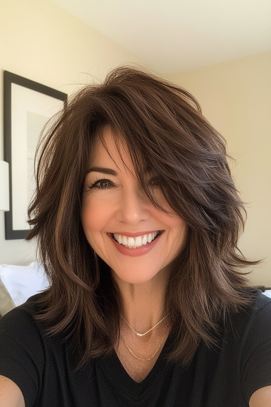 6. Textured Brunette Shag (Best Haircuts For Women Over 50) - Best Haircuts For Women Over 50