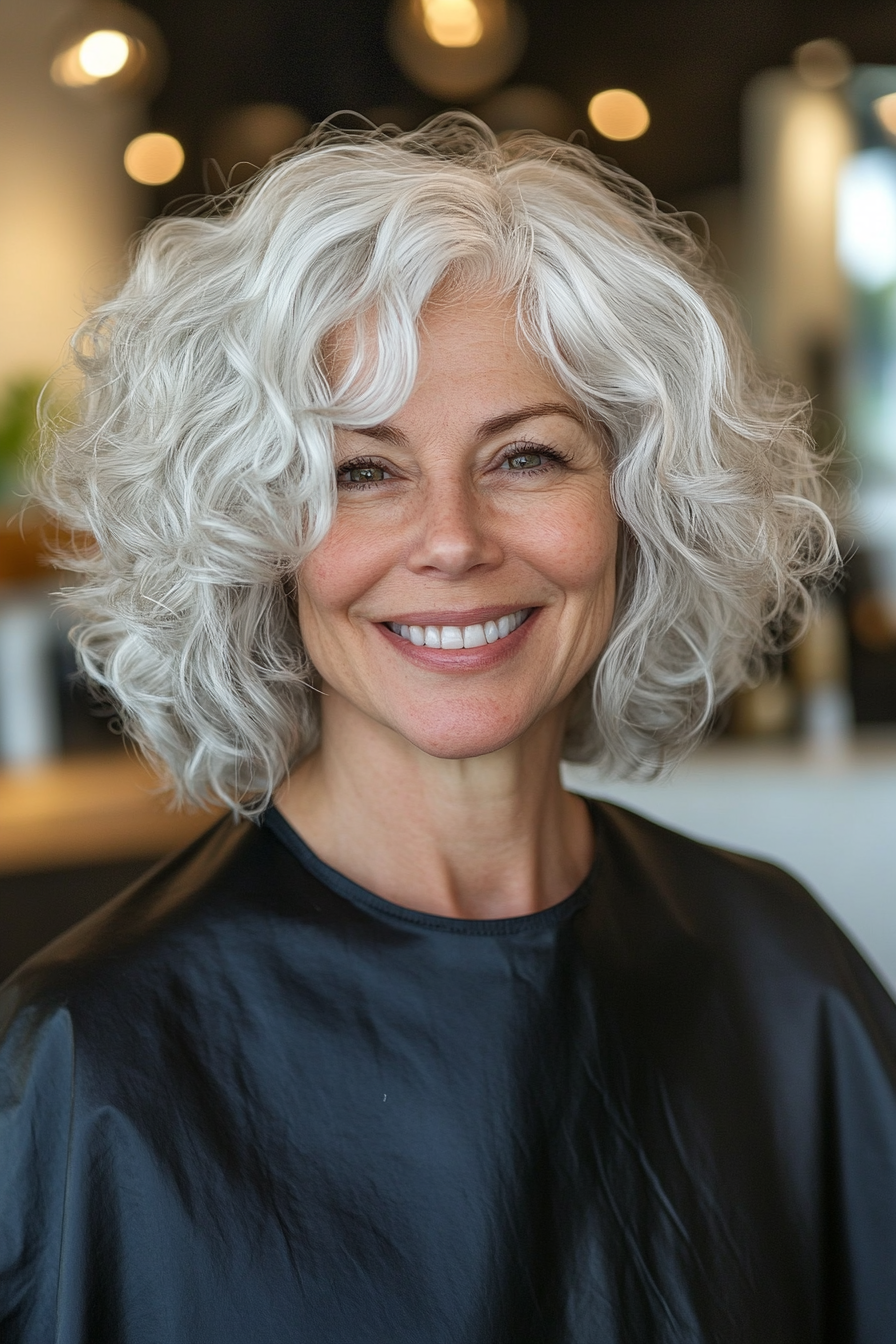 7. Curly Silver Shoulder-Length Cut (Best Haircuts For Women Over 50) - Best Haircuts For Women Over 50