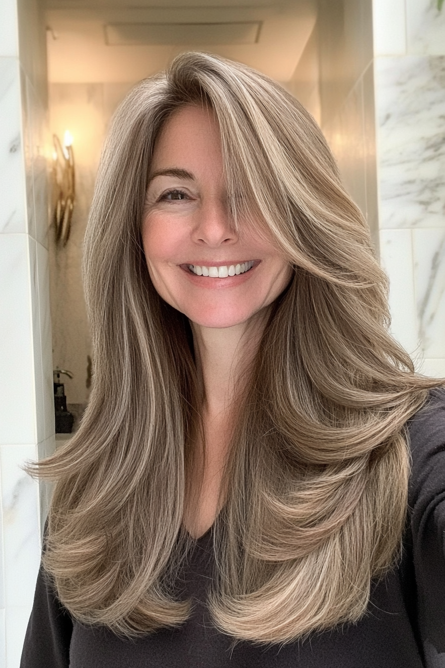9. Long Layered Ash Brown Cut (Best Haircuts For Women Over 50) - Best Haircuts For Women Over 50