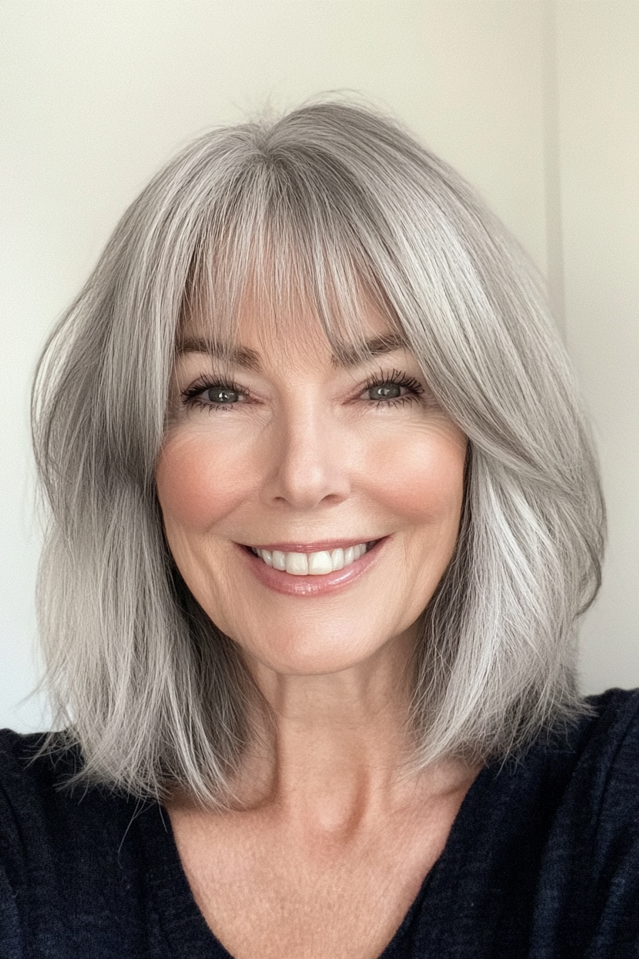 10. Wispy Gray Bob with Bangs (Best Haircuts For Women Over 50) - Best Haircuts For Women Over 50
