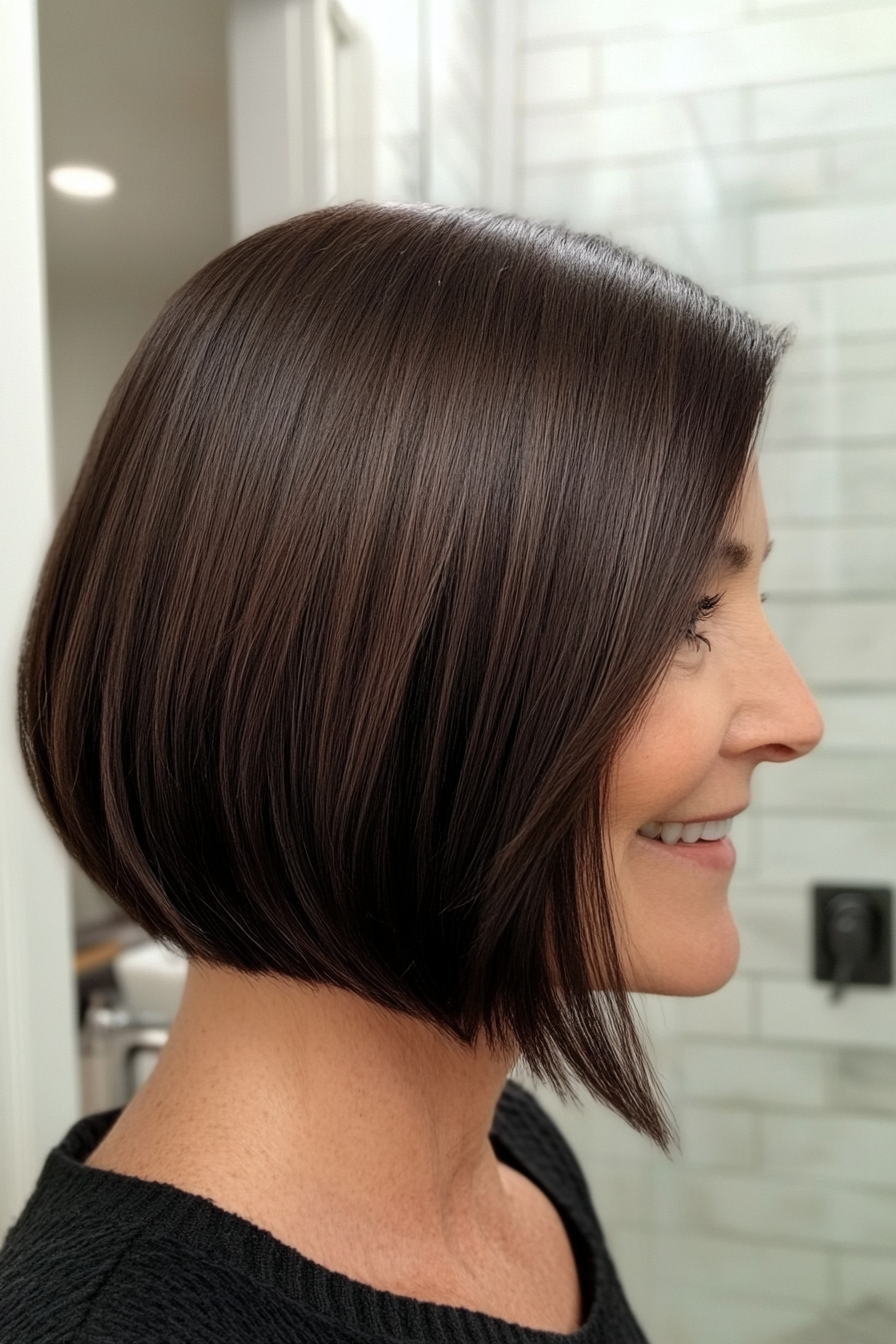 12. Chin-Length Dark Brown Bob (Best Haircuts For Women Over 50) - Best Haircuts For Women Over 50