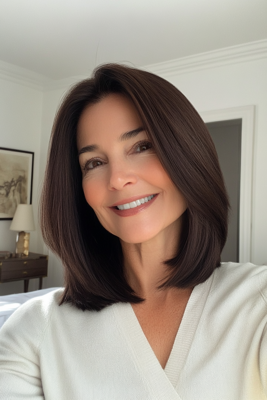 15. Classic Dark Brunette Shoulder Cut (Best Haircuts For Women Over 50) - Best Haircuts For Women Over 50
