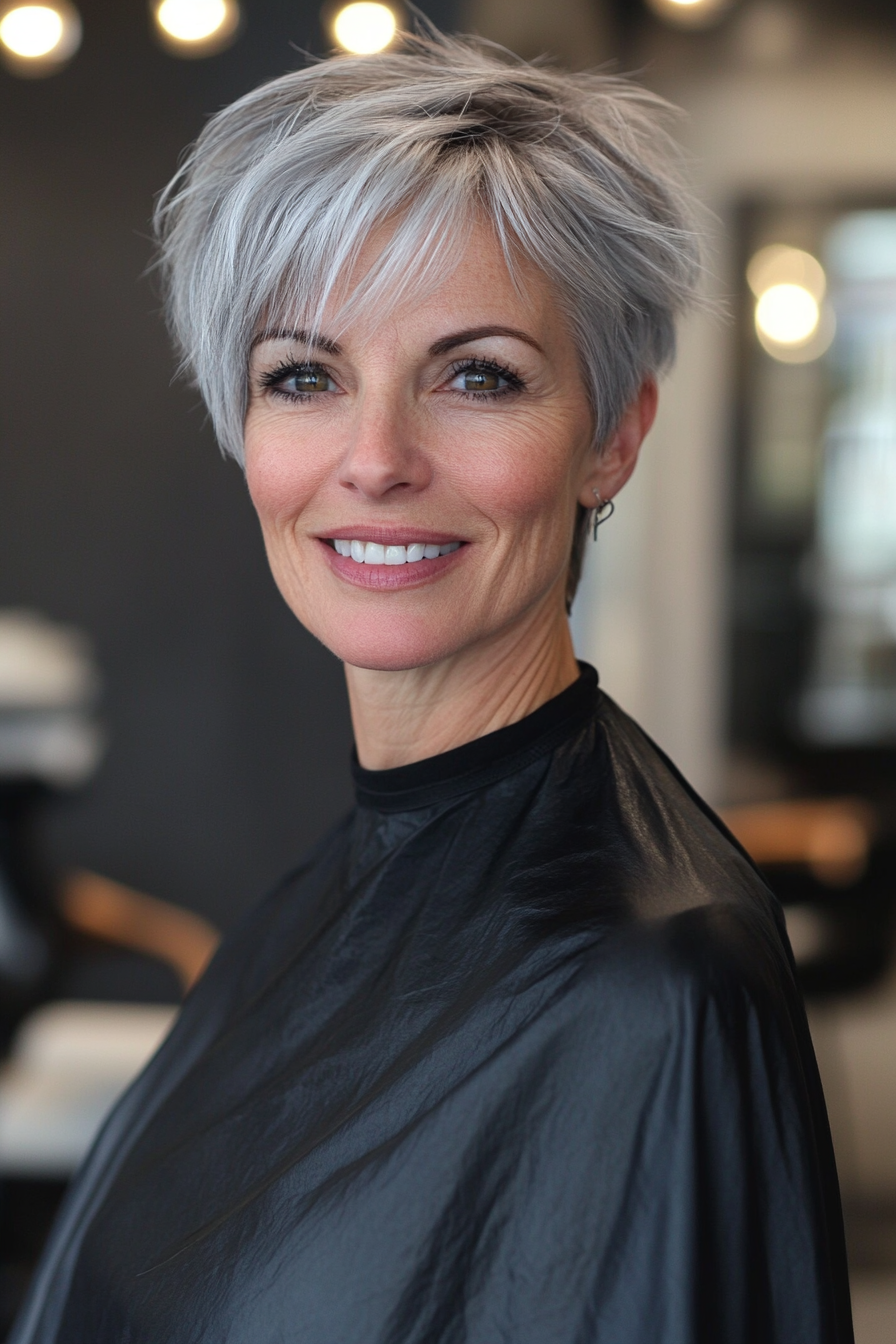 16. Voluminous Salt-and-Pepper Pixie (Best Haircuts For Women Over 50) - Best Haircuts For Women Over 50