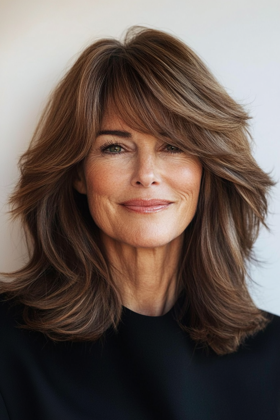 17. Soft Brown Lob with Side Bangs (Best Haircuts For Women Over 50) - Best Haircuts For Women Over 50