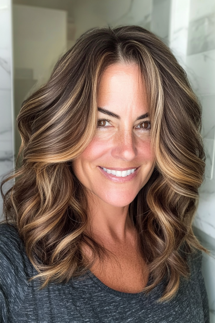 18. Wavy Caramel Balayage Mid-Length Cut (Best Haircuts For Women Over 50) - Best Haircuts For Women Over 50