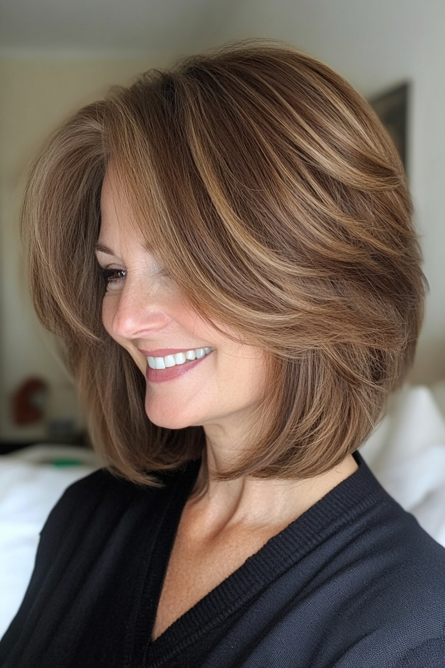 21. Layered Mocha Brown Bob (Best Haircuts For Women Over 50) - Best Haircuts For Women Over 50