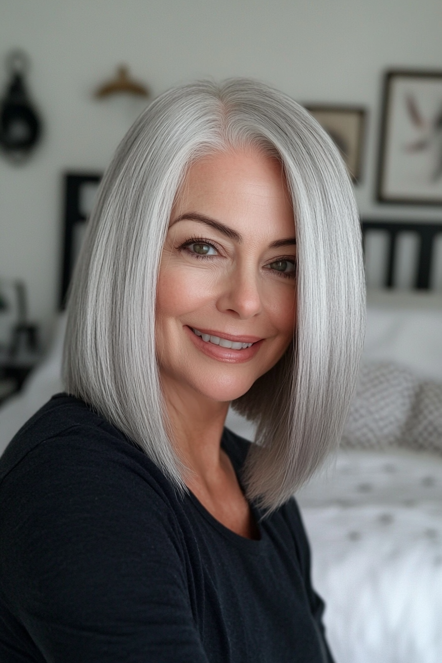 22. Classic Straight Silver Lob (Best Haircuts For Women Over 50) - Best Haircuts For Women Over 50