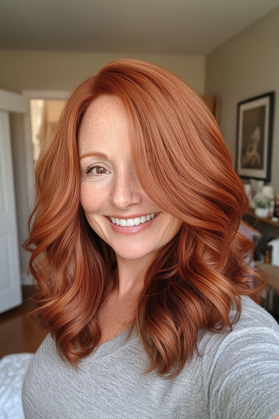 23. Soft Auburn Waves with Face-Framing Layers (Best Haircuts For Women Over 50) - Best Haircuts For Women Over 50