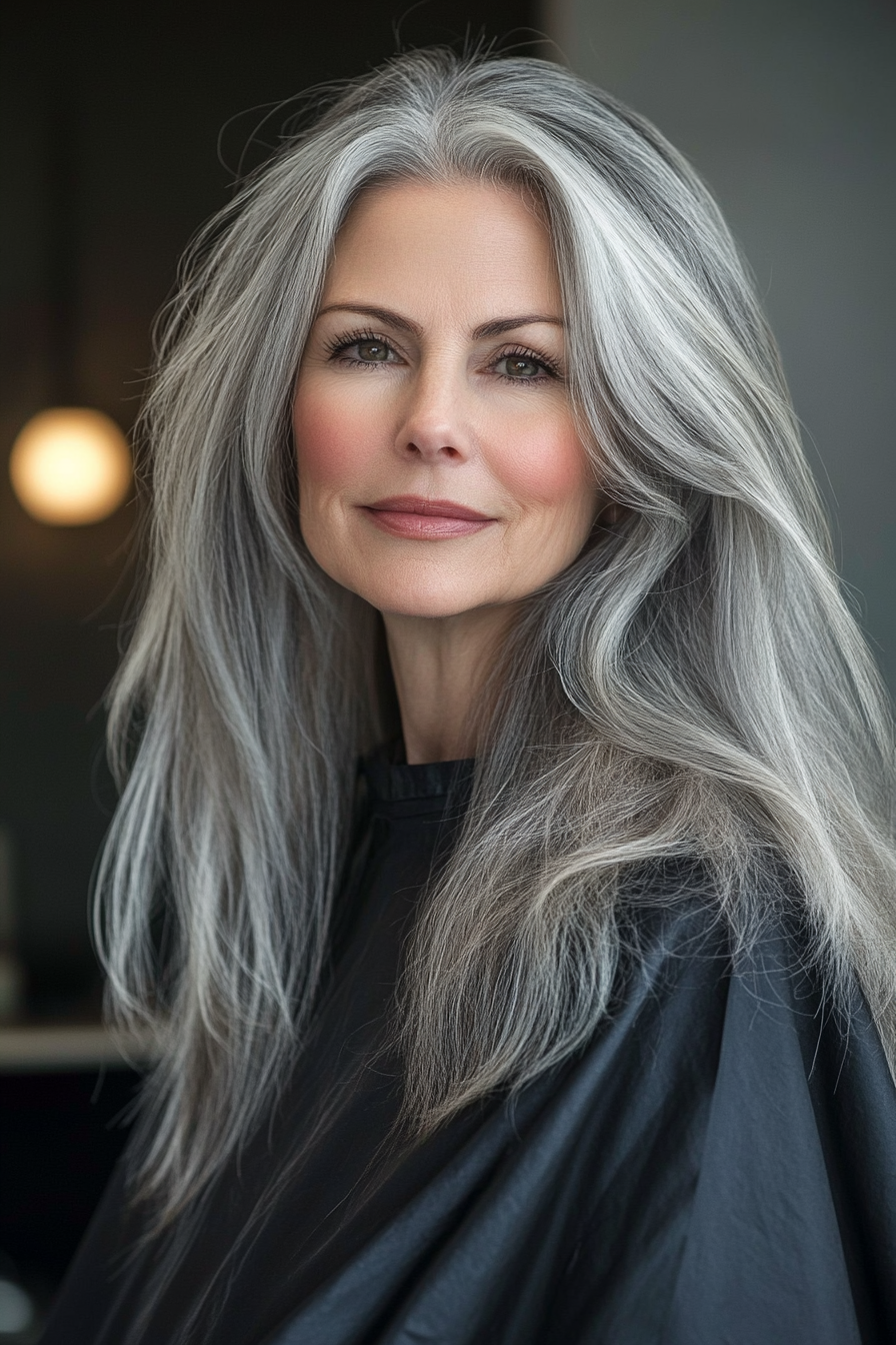 25. Natural Gray Long Layers (Best Haircuts For Women Over 50) - Best Haircuts For Women Over 50