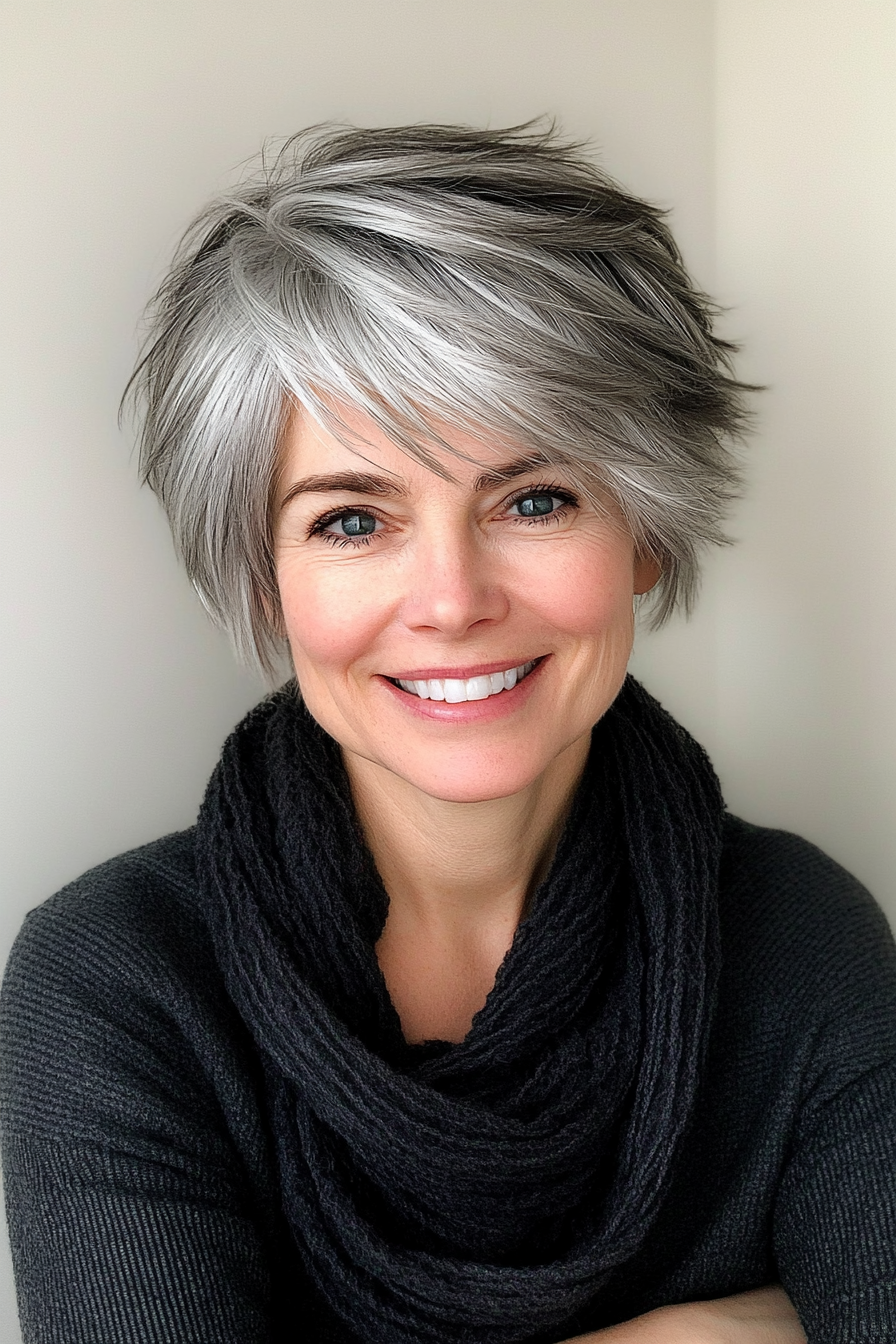 3. Elegant Feathered Pixie in Salt-and-Pepper Gray (Hairstyles For Women Over 50) - Hairstyles For Women Over 50