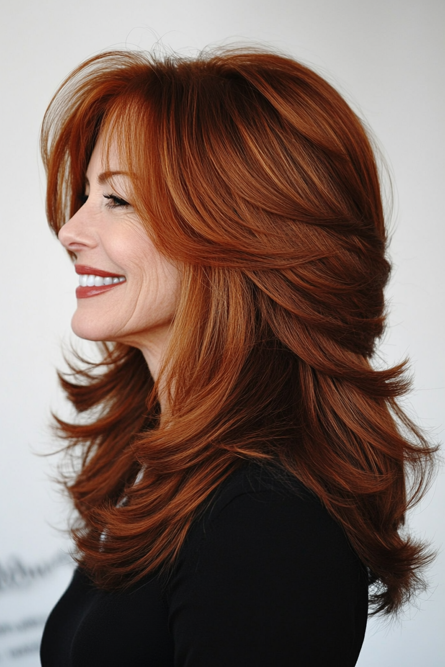 4. Long Shag with Curtain Bangs in Warm Auburn (Hairstyles For Women Over 50) - Hairstyles For Women Over 50
