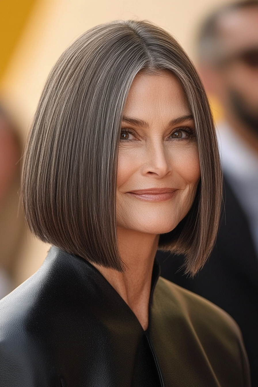 10. Sleek Shoulder-Length Bob in Ash Brown (Hairstyles For Women Over 50) - Hairstyles For Women Over 50