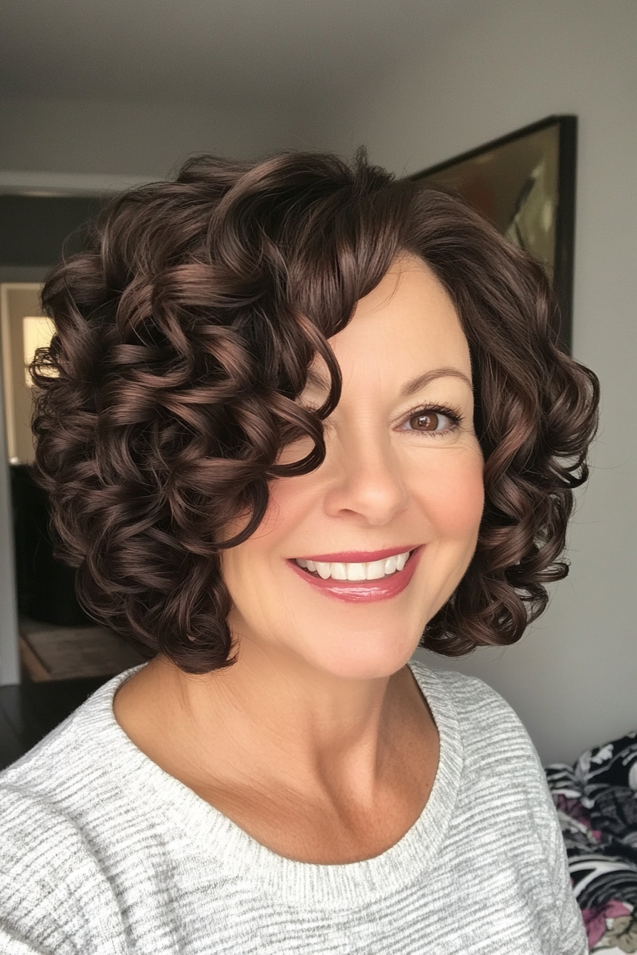 13. Curly Shoulder-Length Bob in Dark Cocoa Brown (Hairstyles For Women Over 50) - Hairstyles For Women Over 50