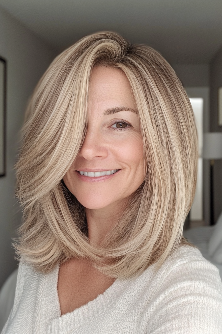 15. Side-Swept Long Bob in Warm Beige Blonde (Hairstyles For Women Over 50) - Hairstyles For Women Over 50