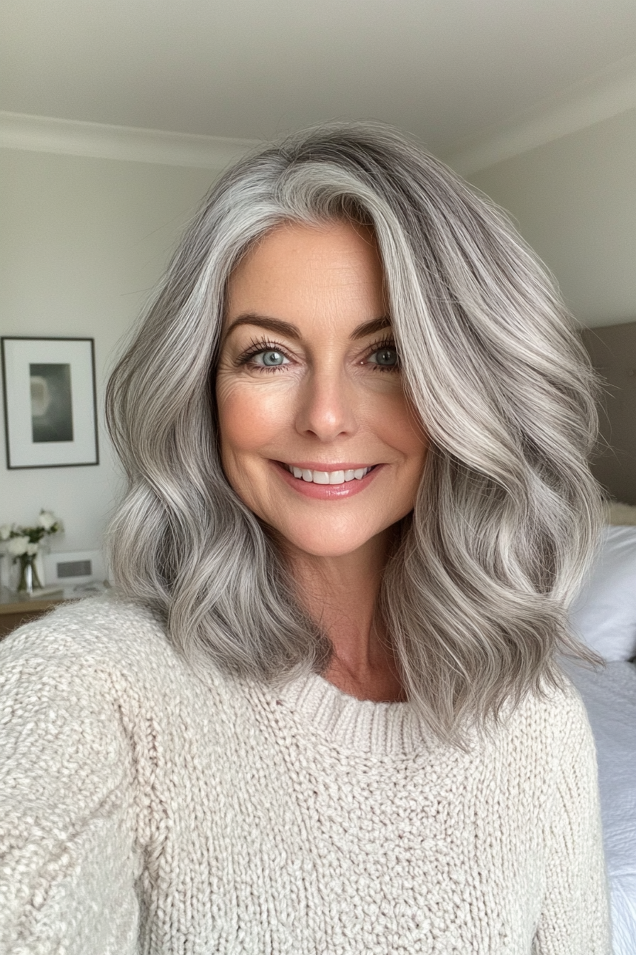 17. Tousled Wavy Lob in Natural Gray (Hairstyles For Women Over 50) - Hairstyles For Women Over 50