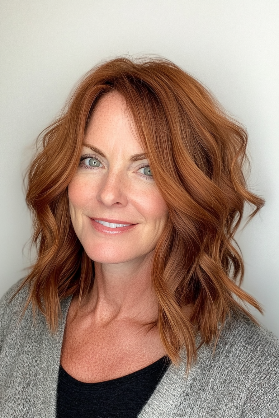 19. Choppy Shoulder-Length Cut in Warm Cinnamon Brown (Hairstyles For Women Over 50) - Hairstyles For Women Over 50