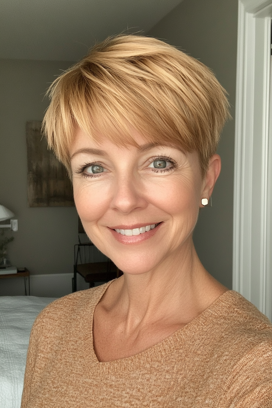 27. Softly Layered Pixie in Golden Honey Blonde (Hairstyles For Women Over 50) - Hairstyles For Women Over 50