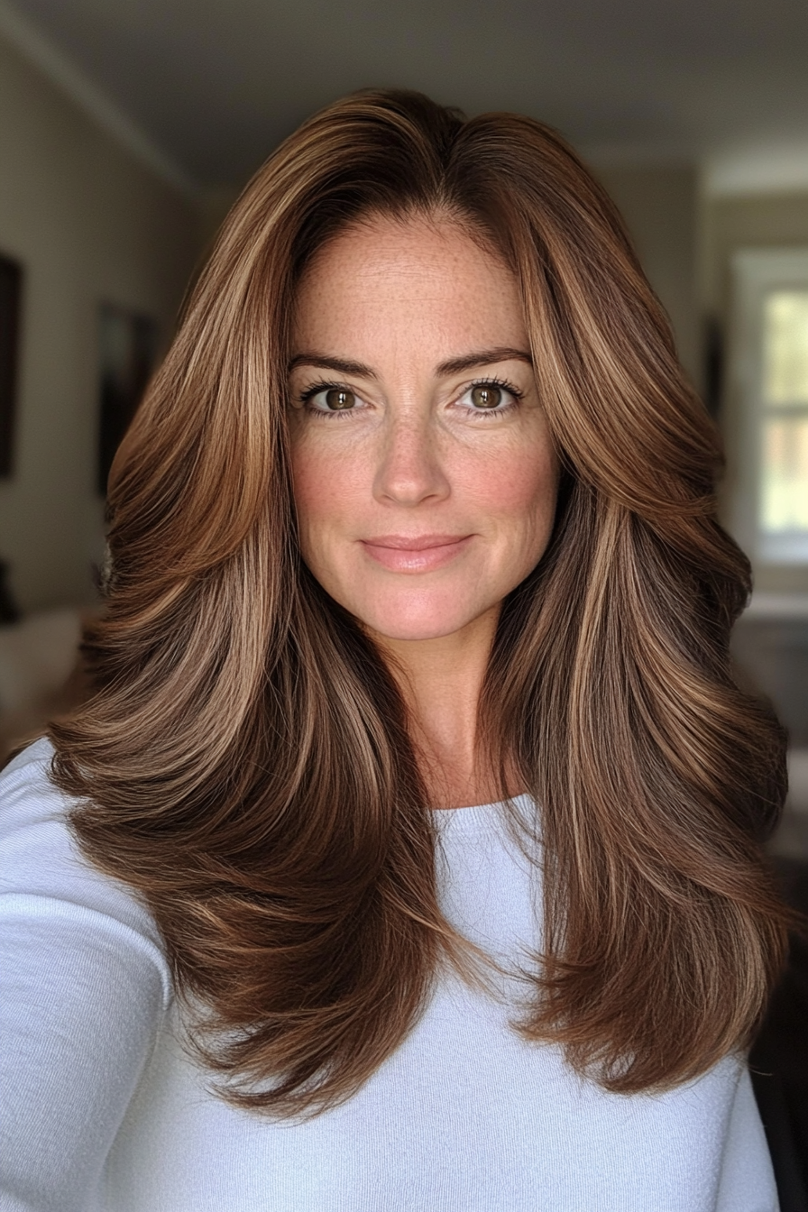1. Classic Feathered Layers in Deep Chestnut (Long Haircuts For Women Over 50) - Long Haircuts For Women Over 50