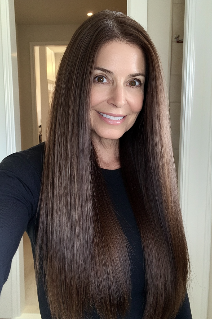 2. Sleek Straight Cut in Espresso Brown (Long Haircuts For Women Over 50) - Long Haircuts For Women Over 50