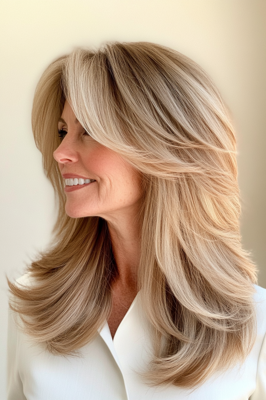 4. Long Shag with Curtain Bangs in Honey Blonde (Long Haircuts For Women Over 50) - Long Haircuts For Women Over 50