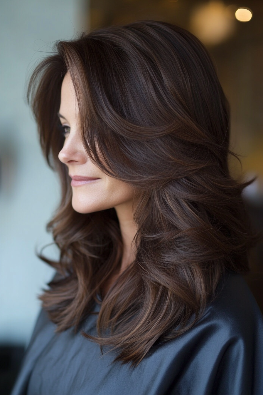 6. Tapered Layers with Side-Swept Bangs in Dark Chocolate (Long Haircuts For Women Over 50) - Long Haircuts For Women Over 50