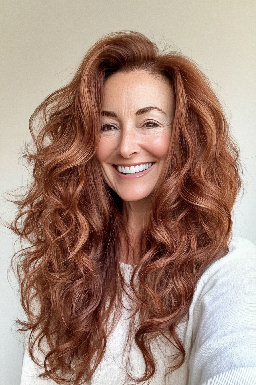 7. Voluminous Curls with Face-Framing Layers in Warm Chestnut (Long Haircuts For Women Over 50) - Long Haircuts For Women Over 50