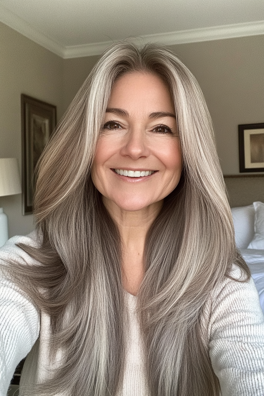 9. Wispy Layers with Middle Part in Soft Ash Brown (Long Haircuts For Women Over 50) - Long Haircuts For Women Over 50