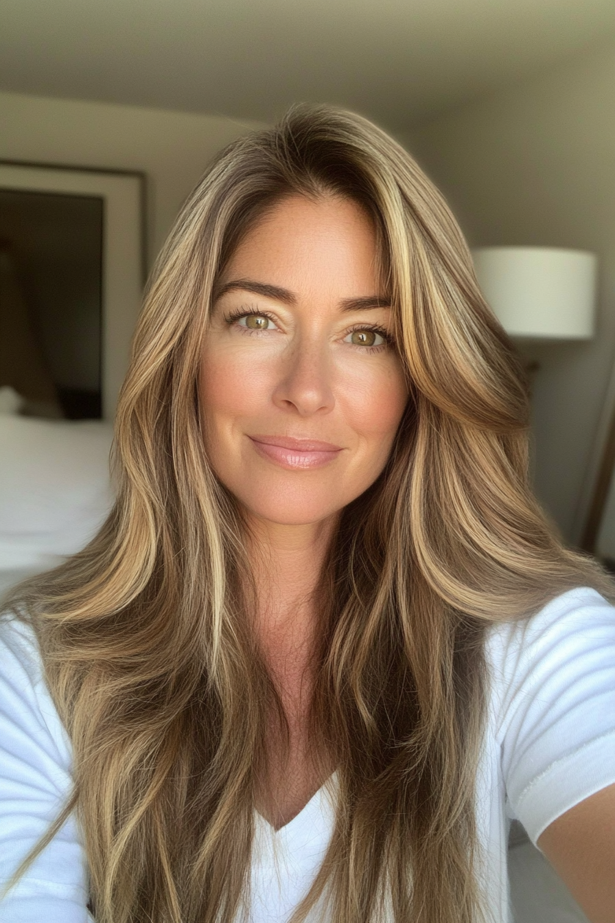 13. Beachy Layers with Light Caramel Highlights (Long Haircuts For Women Over 50) - Long Haircuts For Women Over 50