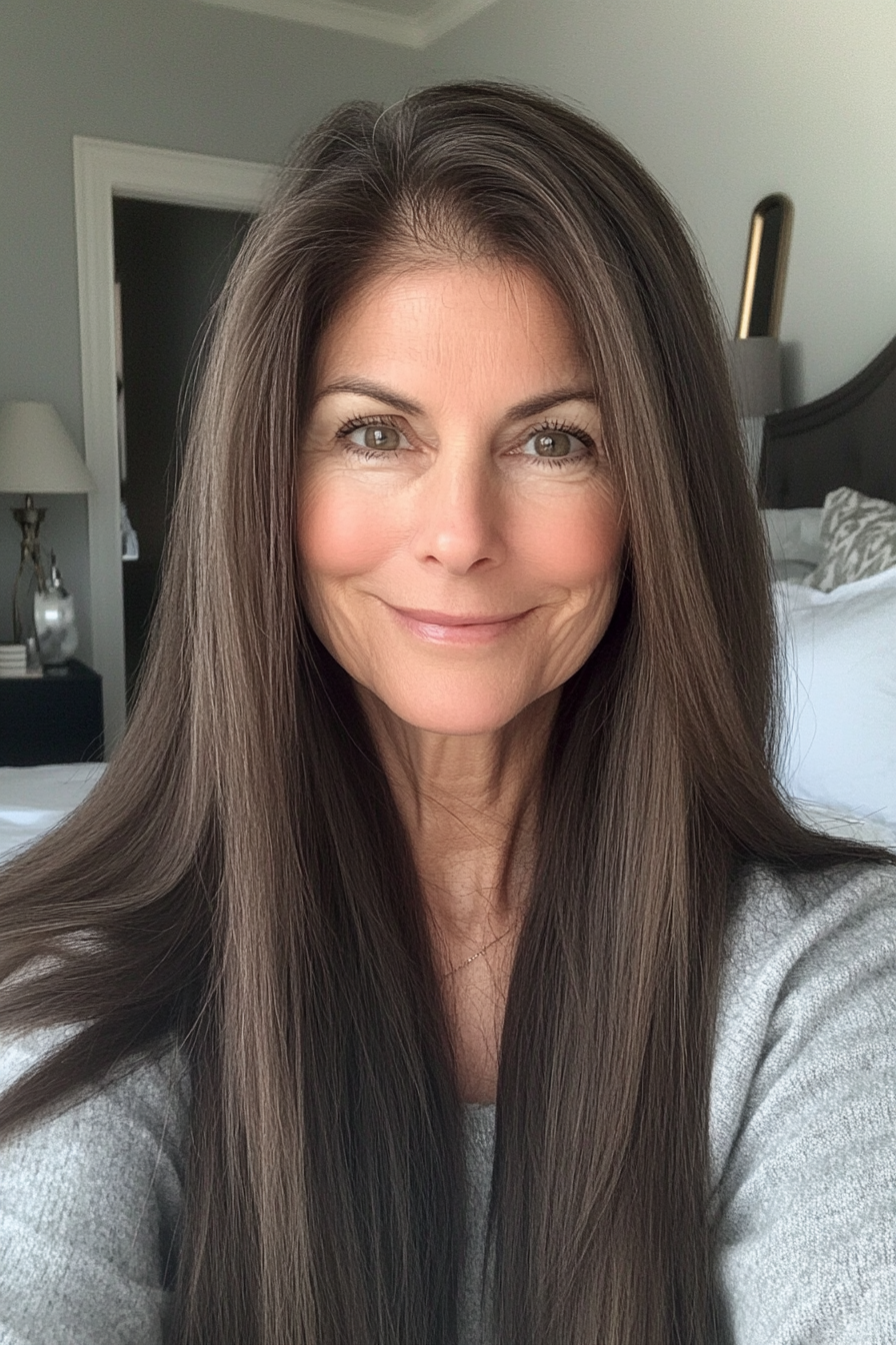 16. Straight and Sleek with Face-Framing Layers in Cool Ash Brown (Long Haircuts For Women Over 50) - Long Haircuts For Women Over 50