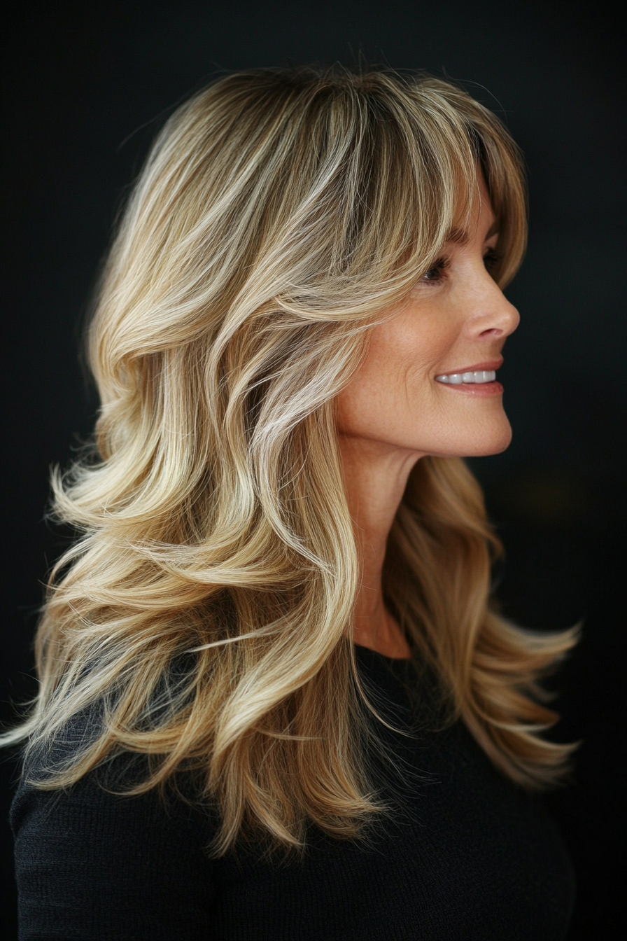 18. Wavy Layers with Wispy Bangs in Sandy Blonde (Long Haircuts For Women Over 50) - Long Haircuts For Women Over 50