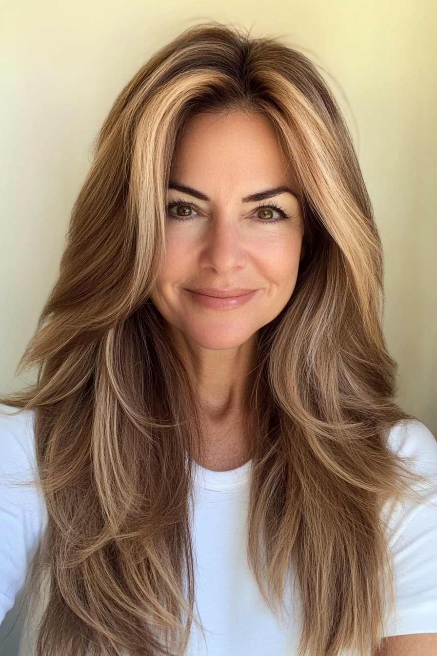 19. Classic Long Layered Cut in Medium Brown with Golden Highlights (Long Haircuts For Women Over 50) - Long Haircuts For Women Over 50
