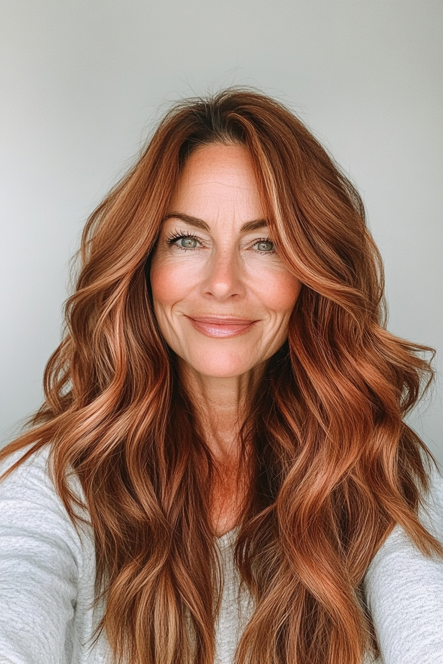 22. Bohemian Waves with Face-Framing Highlights in Deep Copper (Long Haircuts For Women Over 50) - Long Haircuts For Women Over 50