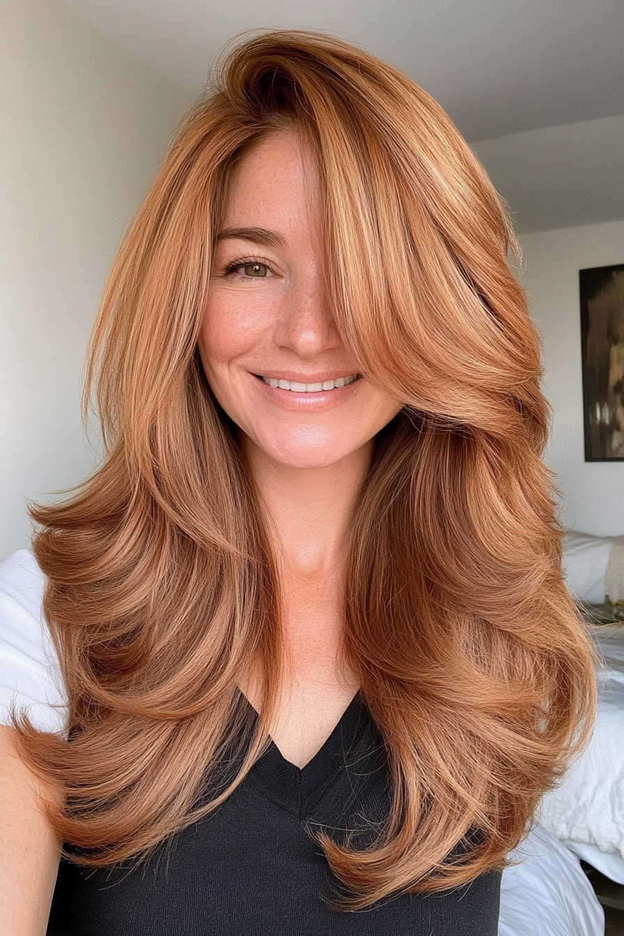 24. Soft Layered Waves with Long Side Bangs in Cinnamon Brown (Long Haircuts For Women Over 50) - Long Haircuts For Women Over 50